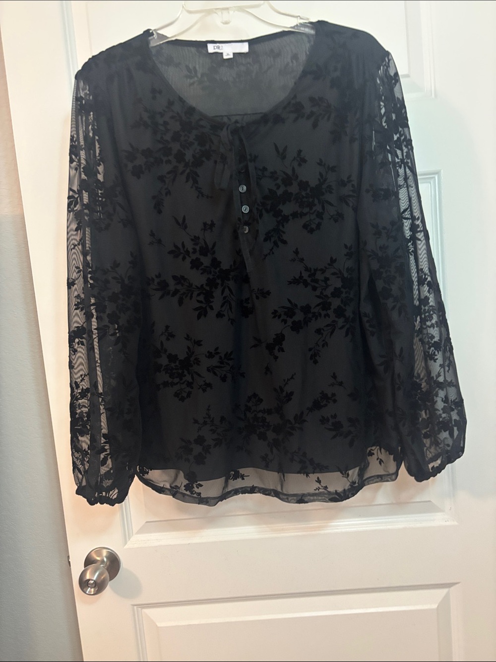 DR2 black long-sleeve burnout velvet floral blouse SZ XL sheer mesh fully lined